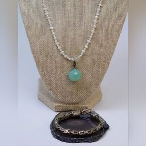 Artisan 925 Chalcedony Pendant Pearls Necklace & Byzantine Chain Toggle Bracelet